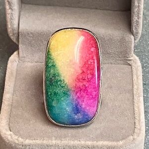 Stamped 925 Sterling Silver NATURAL Solar Rainbow Quartz Gemstone Statement Ring